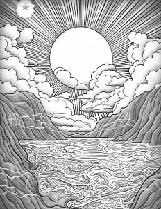 Sun shining over serene lake Free Printable Coloring Page for Adults