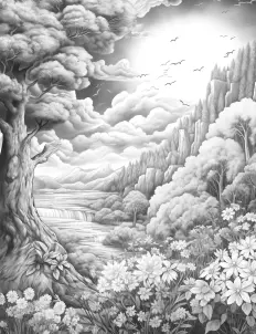 A serene landscape with trees and flowers in black and white Free Printable Coloring Page for Adults