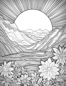 Majestic mountain landscape with delicate flowers Free Printable Coloring Page for Adults