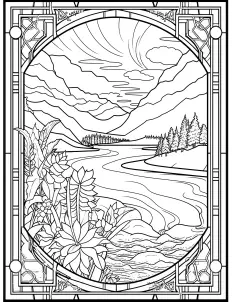 A colorful stained glass design of mountains and a river Free Printable Coloring Page for Adults