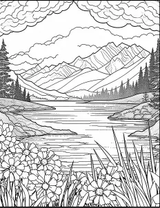 Serene lake with majestic mountains in the background Free Printable Coloring Page for Adults