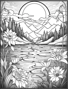 A serene lake surrounded by delicate flowers Free Printable Coloring Page for Adults