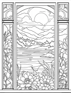 Colorful stained glass window with flowers and mountain scenery Free Printable Coloring Page for Adults