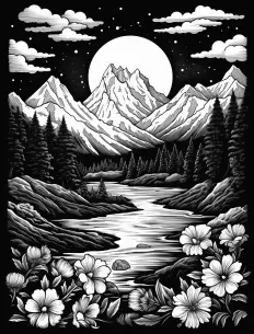 Majestic mountain landscape with delicate flowers Free Printable Coloring Page for Adults