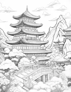 A serene pagoda nestled among the mountains Free Printable Coloring Page for Adults