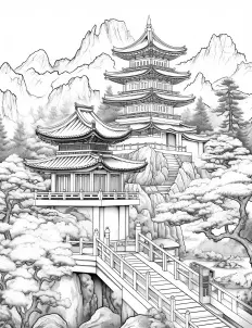 A serene pagoda nestled among the mountains Free Printable Coloring Page for Adults