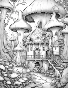 Whimsical mushroom-shaped house in black and white illustration. Free Printable Coloring Page for Adults