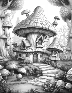 Whimsical mushroom-shaped house in black and white illustration. Free Printable Coloring Page for Adults