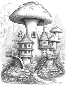 Enchanting mushroom house nestled in the forest Free Printable Coloring Page for Adults