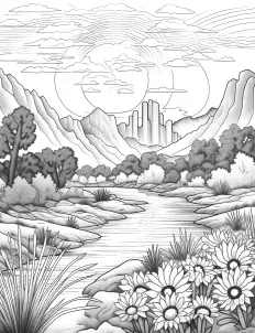 Barren desert landscape with mountains in the distance Free Printable Coloring Page for Adults