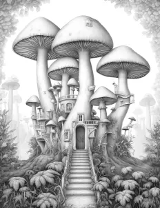 Whimsical mushroom-shaped house in black and white illustration. Free Printable Coloring Page for Adults