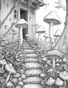 A whimsical black and white drawing of a house surrounded by mushrooms Free Printable Coloring Page for Adults