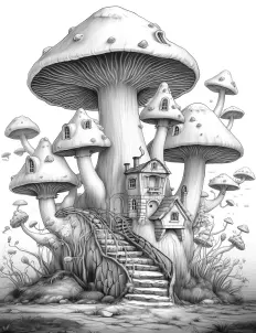 Whimsical mushroom-shaped house in black and white illustration. Free Printable Coloring Page for Adults