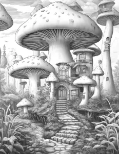 Whimsical mushroom-shaped house in black and white illustration. Free Printable Coloring Page for Adults