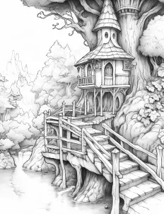 A cozy tree house nestled among the branches in black and white illustration Free Printable Coloring Page for Adults