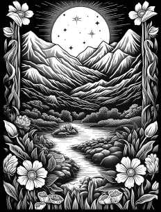 Serene river flowing through a field of blooming flowers Free Printable Coloring Page for Adults