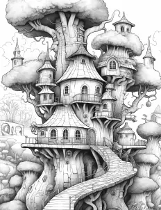 Majestic fantasy tree house in black and white Free Printable Coloring Page for Adults