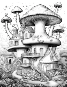 Whimsical mushroom-shaped house in black and white illustration. Free Printable Coloring Page for Adults