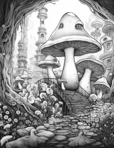 Mushrooms nestled in a peaceful forest scene Free Printable Coloring Page for Adults