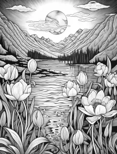 Serene lake reflecting flowers Free Printable Coloring Page for Adults