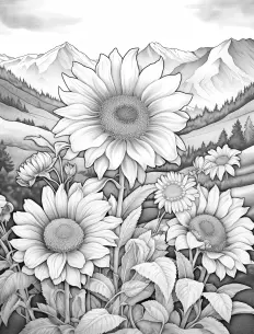 A field of sunflowers in black and white Free Printable Coloring Page for Adults