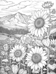 A field of sunflowers in black and white Free Printable Coloring Page for Adults