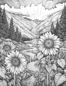 Sunflowers reaching towards the sky in a mountainous landscape. Free Printable Coloring Page for Adults