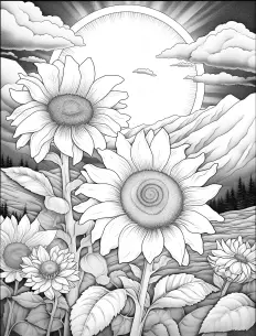 A field of sunflowers in black and white Free Printable Coloring Page for Adults