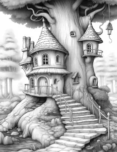 A cozy tree house nestled among the branches in black and white illustration Free Printable Coloring Page for Adults