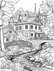 Charming countryside village illustration Free Printable Coloring Page for Adults