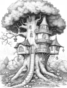 A cozy tree house nestled among the branches in black and white illustration Free Printable Coloring Page for Adults