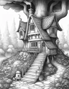 A cozy tree house nestled among the branches in black and white illustration Free Printable Coloring Page for Adults