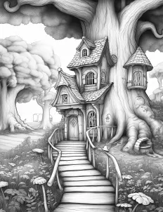 A serene scene of a tree and house sketch in black and white. Free Printable Coloring Page for Adults