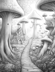 Mushrooms lining a winding path in a forest Free Printable Coloring Page for Adults