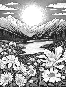 Detailed black and white sketch of flowers and mountains Free Printable Coloring Page for Adults