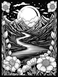 Majestic mountain overlooking a winding river in black and white sketch. Free Printable Coloring Page for Adults