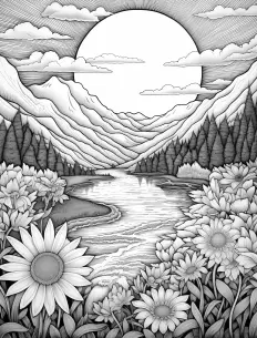 Sunflowers reaching towards the sky in a mountainous landscape. Free Printable Coloring Page for Adults