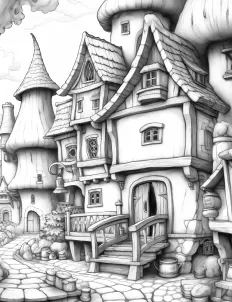 A whimsical townscape with towering spires and winding streets Free Printable Coloring Page for Adults