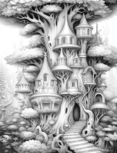 A cozy tree house nestled among the branches in black and white illustration Free Printable Coloring Page for Adults