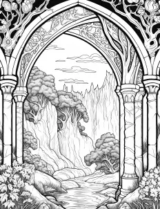 A black and white drawing of an archway covered in ivy in a mysterious forest Free Printable Coloring Page for Adults