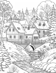 A peaceful winter scene of a quiet village Free Printable Coloring Page for Adults