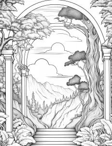 A mysterious archway nestled among the trees Free Printable Coloring Page for Adults