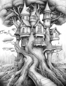 A cozy tree house nestled among the branches in black and white illustration Free Printable Coloring Page for Adults