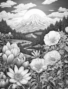 A serene mountain scene with blooming flowers Free Printable Coloring Page for Adults