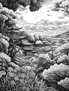 Tranquil Japanese scenery in monochrome Free Printable Coloring Page for Adults