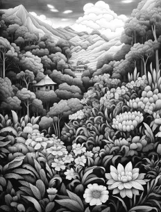 A serene landscape painting with delicate flowers scattered throughout Free Printable Coloring Page for Adults