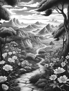 Serene path winding through the forest Free Printable Coloring Page for Adults