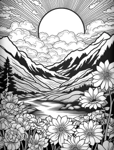 Majestic mountain landscape with delicate flowers Free Printable Coloring Page for Adults