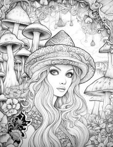 Woman wearing a hat covered in mushrooms Free Printable Coloring Page for Adults