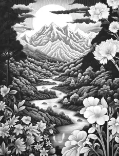 A serene landscape with blooming flowers and towering mountains. Free Printable Coloring Page for Adults